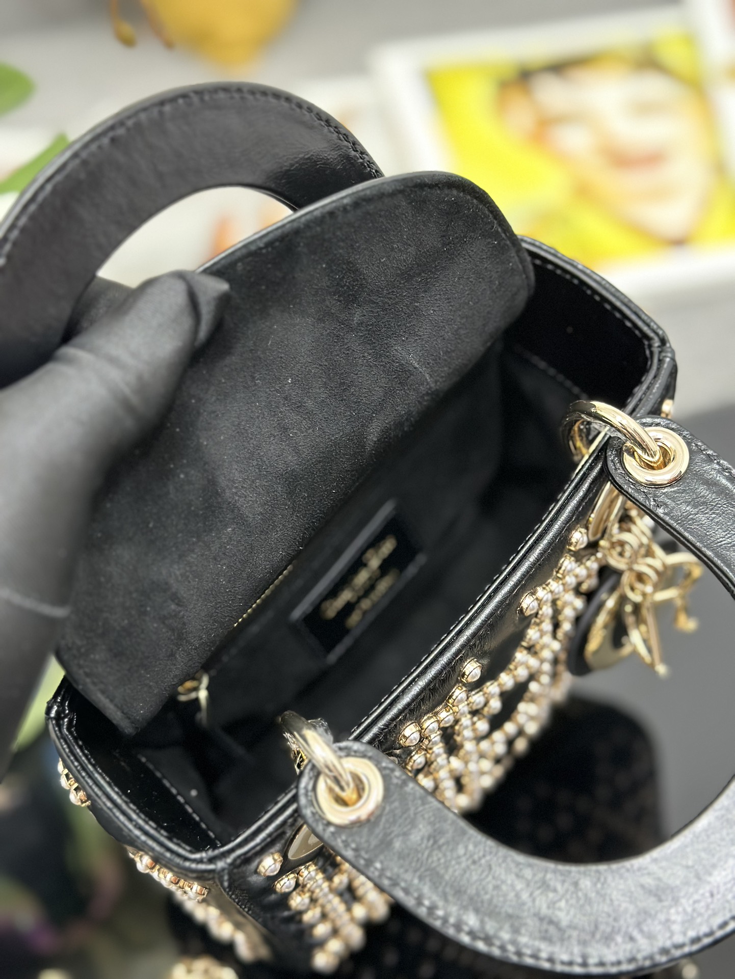 Mini Lady Dior Bag Black Calfskin Embroidered with Pearl Nail